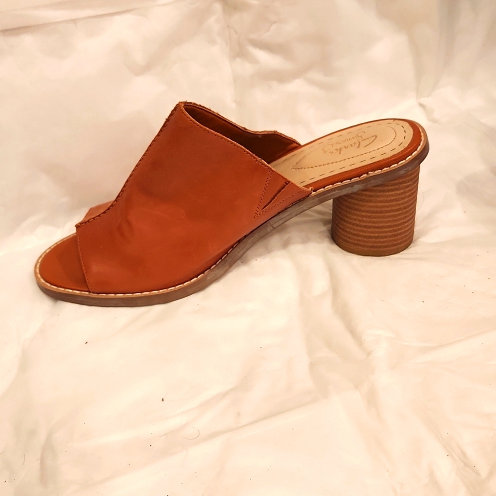 Clarks size 10 leather mules, stacked heel. Somerset style.  Good condition.